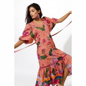 EMILY LOVELOCK ANTHROPOLOGIE Tropical Flounce Midi Dress Size XL GUC